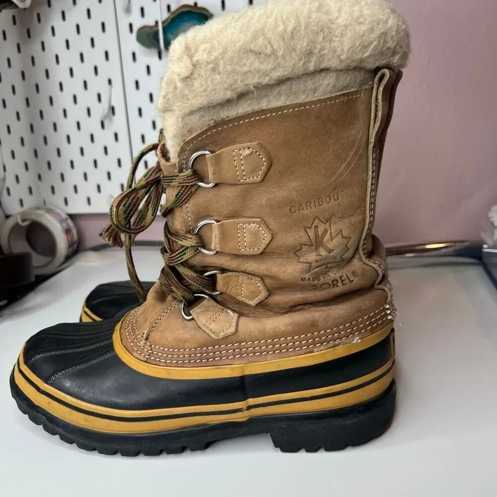 Sorel Caribou waterproof winter boots in tan leather featuring a distinctive cre